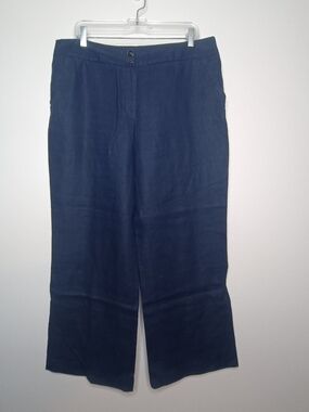 Marks & Spencer Per Una Navy Blue Cropped Wide Leg Linen Trousers UK 16 / US 12